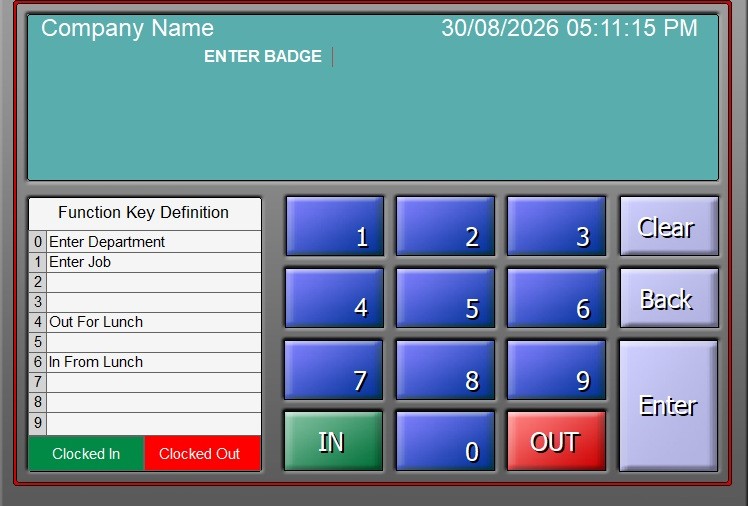 PC Clock software punch terminal showing keypad, function keys and clocked-in status