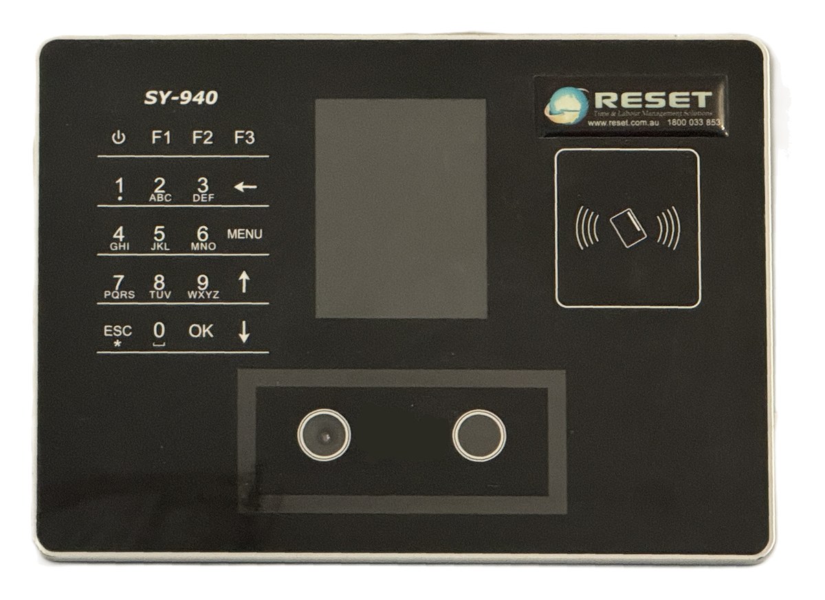 SY940 facial recognition time clock — numeric keypad, colour display, dual-camera face panel and card-tap zone