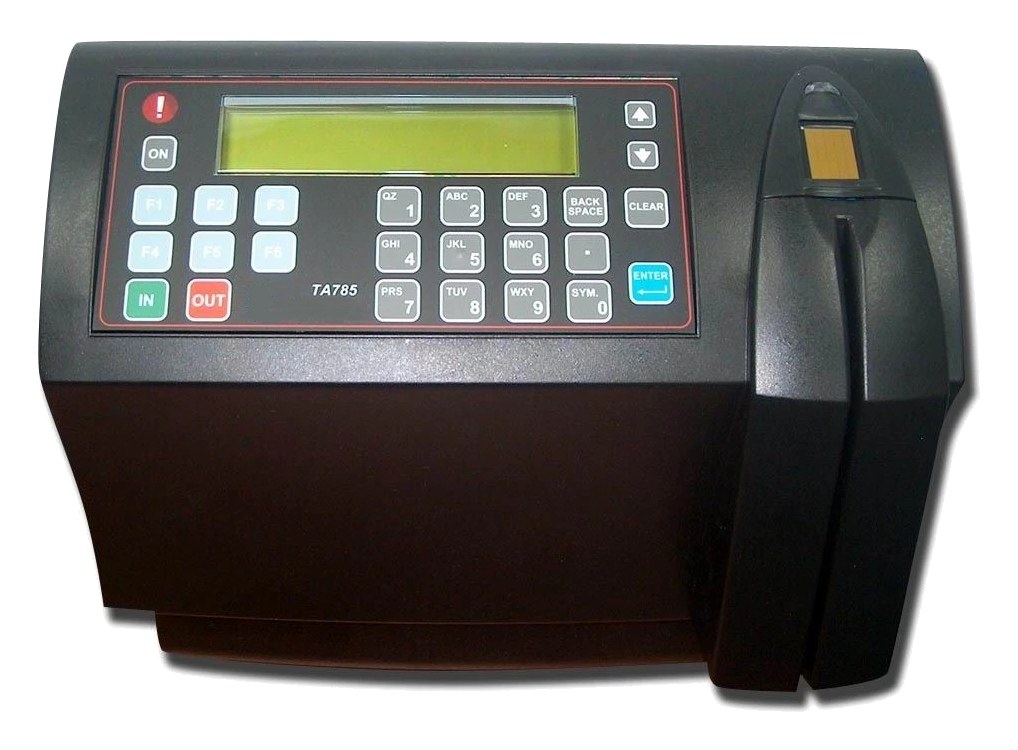 TA785 time clock — backlit display, function keys, alphanumeric keypad and swipe-card reader head